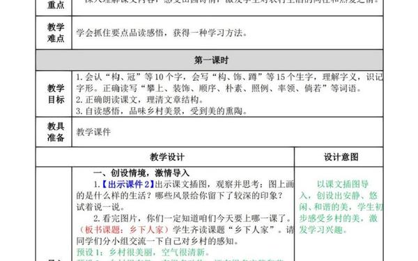 乡下人家教学设计,乡下人家教案第二课时