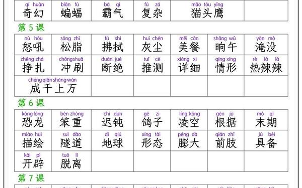 四年级下册语文词语表 四年级下册的词语表图片