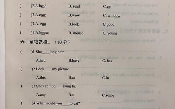 小学五年级英语试卷(五年级英语题100道)